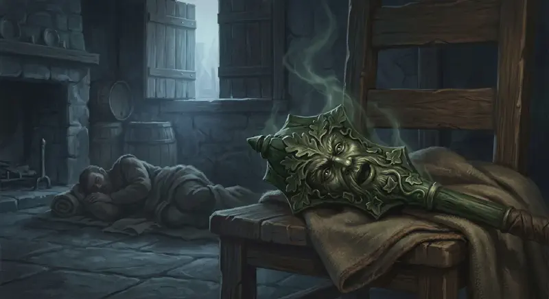 The Green Way mace, carved with a Green Man&rsquo;s face, slipped from its blanket on a chair in a dim dawn room, thin smoke rising, while Bancroft sleeps on the floor.